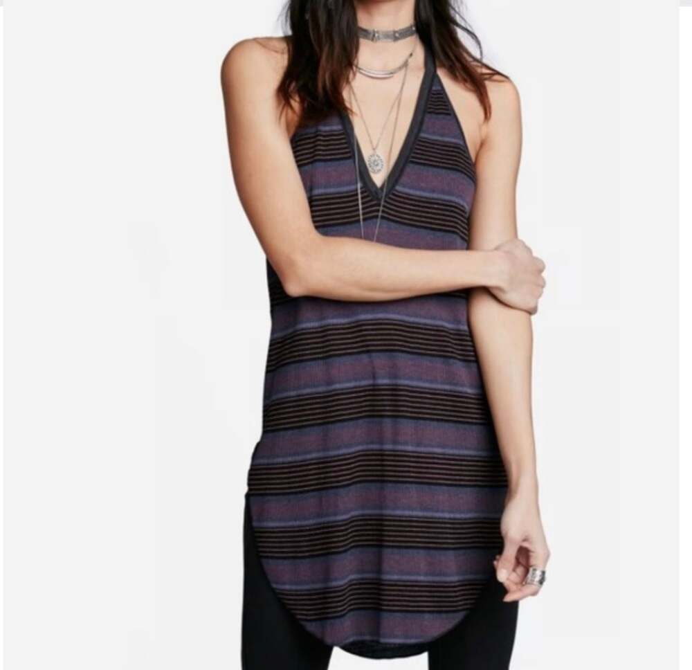 Free People We The Free Black & Purple Striped Ribbed V-Neck Tank Top